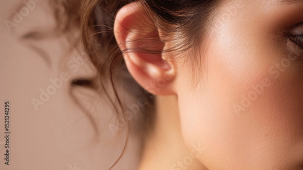 Obraz Closeup of ear and side of face with soft lighting highlighting smooth skin and natural texture, showing delicate hair strands and gentle curves in warm tones