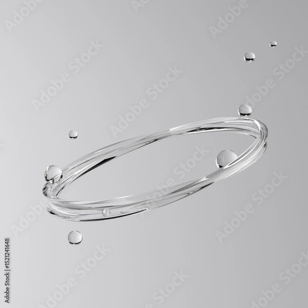 Fototapeta 3D render illustration: Dynamic, reflective liquid splash with floating abstract spheres. Fluid art on a gray background, beauty product decoration or luxury cosmetic concepts.