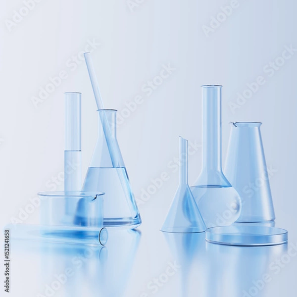 Fototapeta Chemistry laboratory equipment 3d rendering banner. Science cosmetic test lab concept background