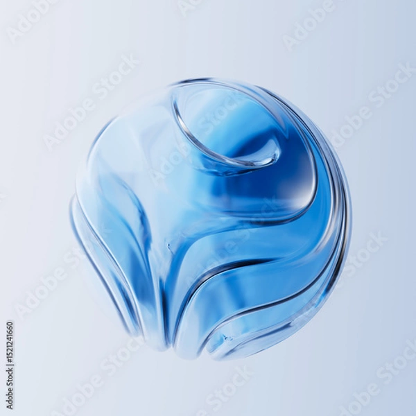 Fototapeta 3D rendered blue gradient glass orb with flowing wave-like indentations. Abstract fluid, futuristic, organic form poster design element.