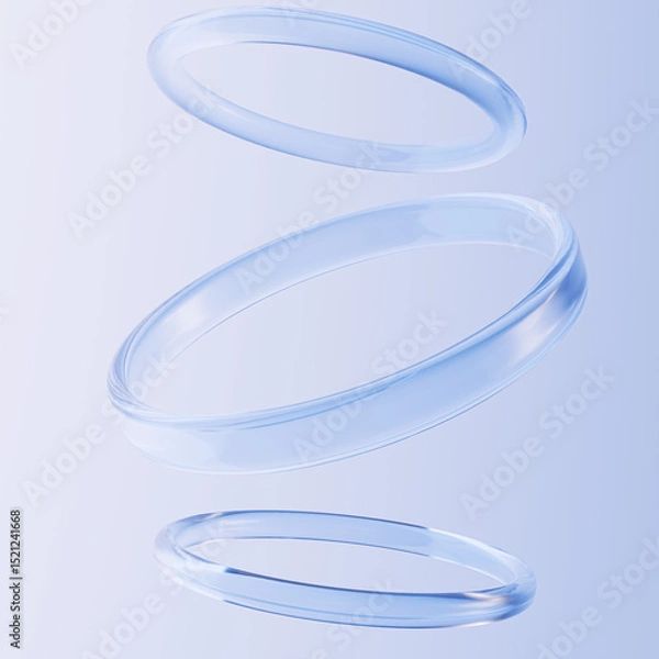 Fototapeta Object placement mockup for cosmetic product with abstract glass rings flying around, 3d rendering modern product presentation background, water dynamic effect in geometric shapes