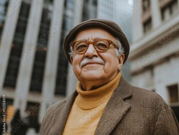 Obraz A cheerful elderly man wearing glasses and a hat, standing in an urban setting.