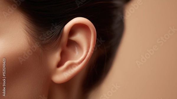 Obraz Closeup of ear and side of face with soft lighting highlighting smooth skin and dark hair pulled back, creating calm and natural portrait image
