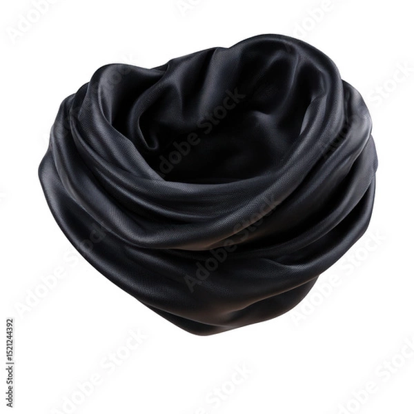 Fototapeta Black satin scarf elegantly draped, showcasing its luxurious texture and sheen, perfect for fashion and style themes, on a clean white background.