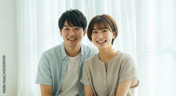 Fototapeta 笑顔で寄り添う若い男女のカップル。友達、パートナー、恋人、結婚、新婚イメージ。