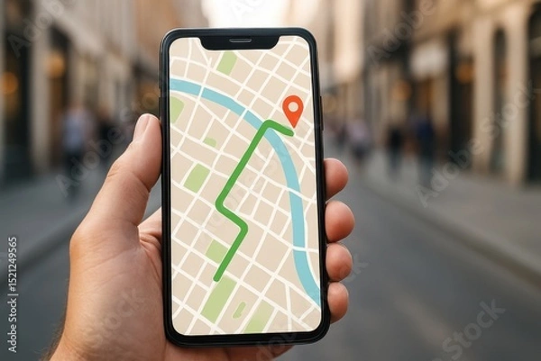 Obraz Individual shows a smartphone featuring a detailed map with a highlighted route in an urban area. People walk in the background on a bright day