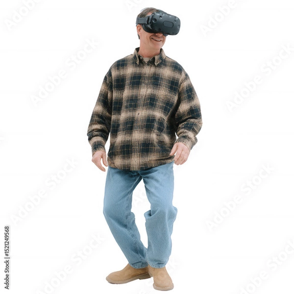 Fototapeta Man enjoying virtual reality experience, wearing VR headset with casual attire, standing on isolated white background.