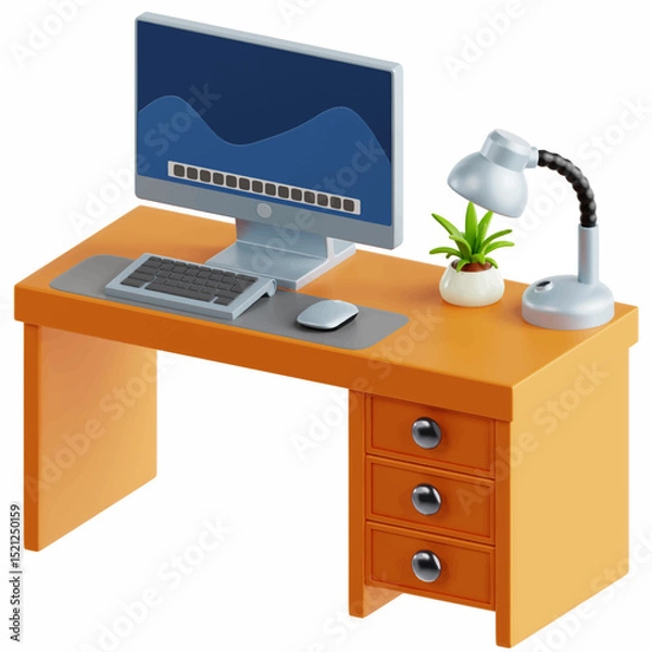 Fototapeta Isometric vector illustration of office workplace. Interior set: office desk, modern chair, computer, lamp