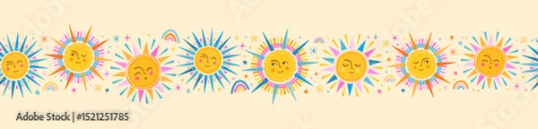 Obraz Lovely hand drawn seamless pattern with cute suns, smiley faces, summer design, great for banners, textiles, wallpapers, wrapping, surface design - vector