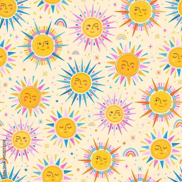 Obraz Lovely hand drawn seamless pattern with cute suns, smiley faces, summer design, great for banners, textiles, wallpapers, wrapping, surface design - vector