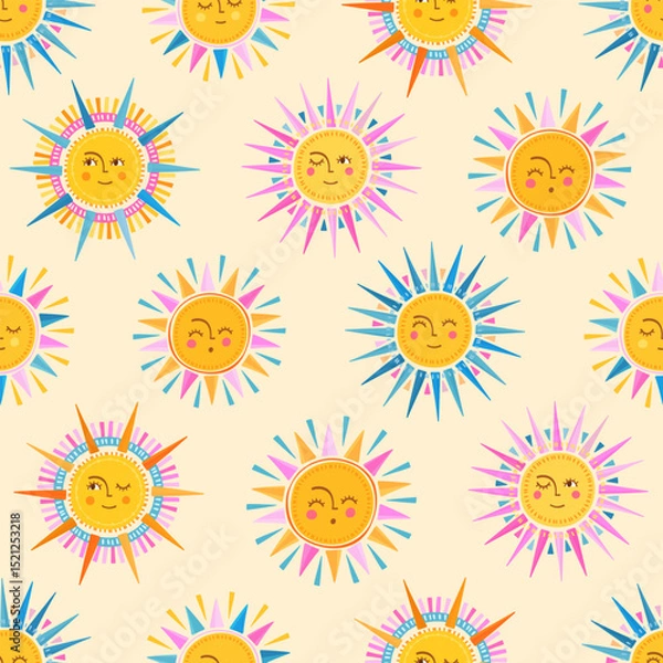Obraz Lovely hand drawn seamless pattern with cute suns, smiley faces, summer design, great for banners, textiles, wallpapers, wrapping, surface design - vector