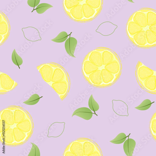 Obraz Seamless pattern with hand drawn lemon slice on purple background. Fresh organic fruit, healthy, vegan, raw food.