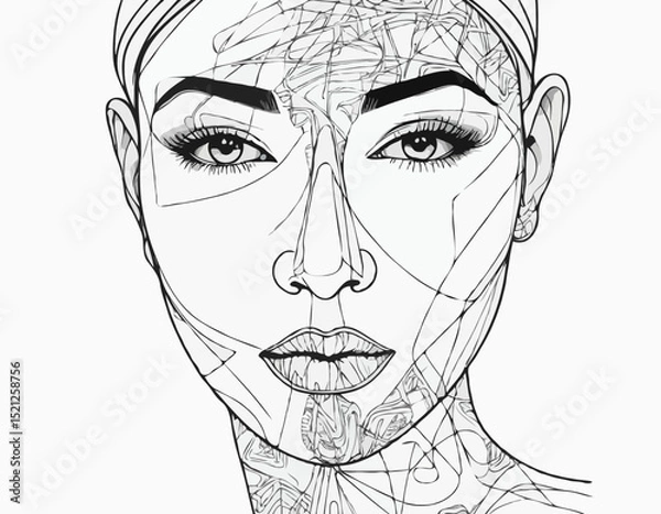 Fototapeta Expressive Black and White Continuous Line Drawing of a Human Face with Graffiti Elements, Exploring Identity and Emotion in Contemporary Street Art Style.
