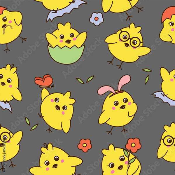 Obraz Seamless pattern with cute little chickens  on grey background.