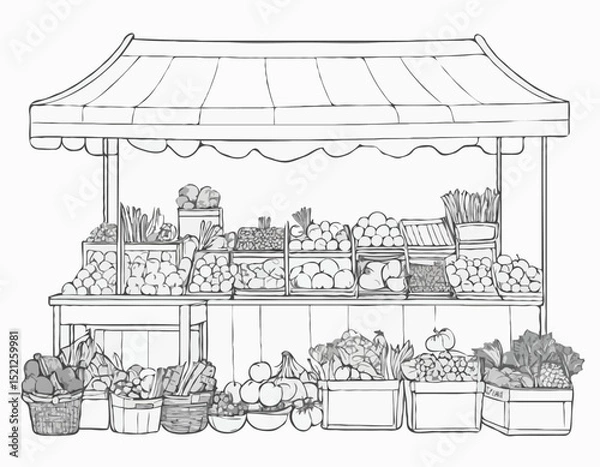Fototapeta Intricate Line Drawing of a Market Stall with Fruits and Vegetables, Demonstrating Daily Life and Commerce for Food Blogs and Agricultural Publications.