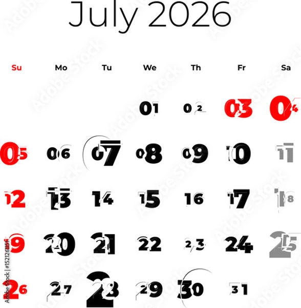 Obraz July 2026 calendar for USA vector