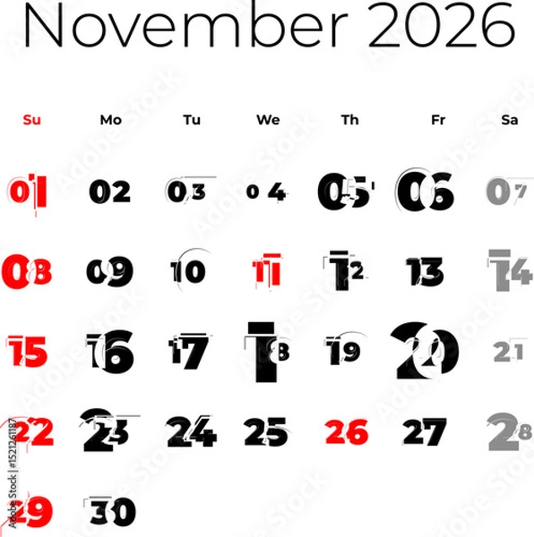 Obraz November 2026 calendar for USA vector