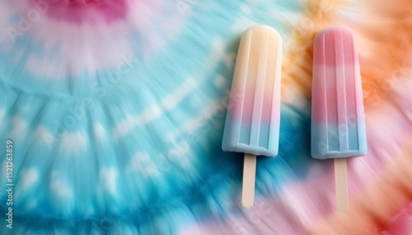 Obraz Top view of pastel color colorful popsicle on pastel tie dye background background with copy space. Generated image