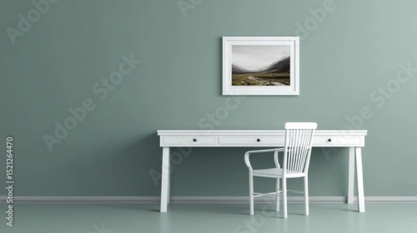 Fototapeta Sleek minimalist white desk with chair and framed photo, featuring a clean and uncluttered solid background.