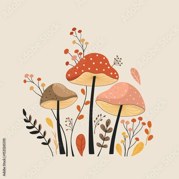 Fototapeta Cute pattern with plants and fungus
