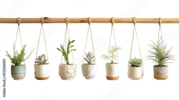 Fototapeta Hanging Indoor Plants Display with Variety of Decorative Pots and Green Foliage on Wooden Rod with White Background