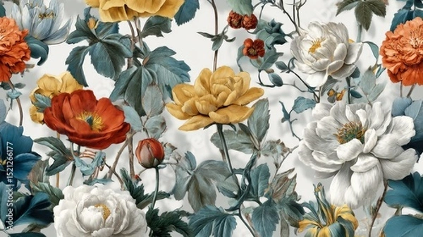 Fototapeta Colorful Floral Pattern Featuring Peonies, Roses, and Leaves in Vibrant Shades Against a Light Background