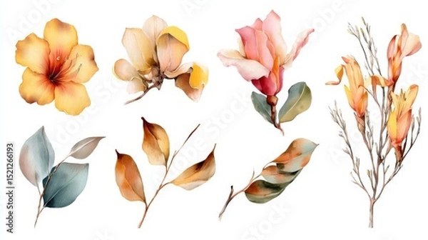 Fototapeta Vibrant and Elegant Flower Illustrations with Leaf Botanicals for Art and Design Projects