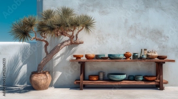 Fototapeta Serene outdoor scene with artistic pottery display and unique tree arrangement, showcasing natural beauty in sunlight