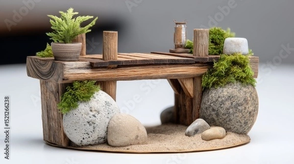 Fototapeta Miniature wooden platform with stones and greenery in a serene arrangement for creative decor and artistic inspiration