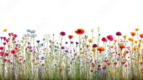 Fototapeta Vibrant Wildflower Meadow with a Rainbow of Colors and Natural Beauty Over a White Background