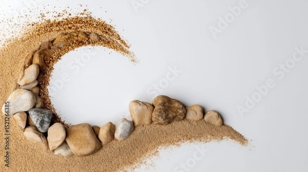 Fototapeta Artistic Arrangement of Sand and Stones Creating a Wave Shape on a White Surface for Nature and Serenity Concepts