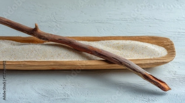 Fototapeta Natural wood stick resting on wooden tray filled with fine sand against textured light background in minimalistic style