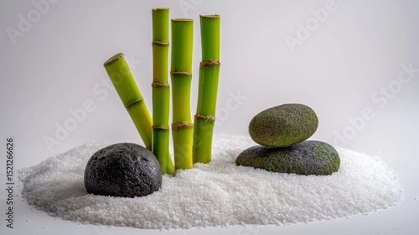 Fototapeta Peaceful Zen Garden Arrangement with Green Bamboo Sticks and Smooth Stones on White Sand Background for Tranquil Decor