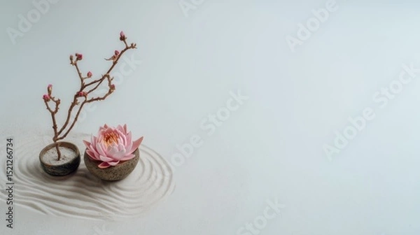 Fototapeta Tranquil Zen Garden with Pink Lotus Flower and Cherry Blossom Branch in Sand Ripple Design for Relaxation and Meditation