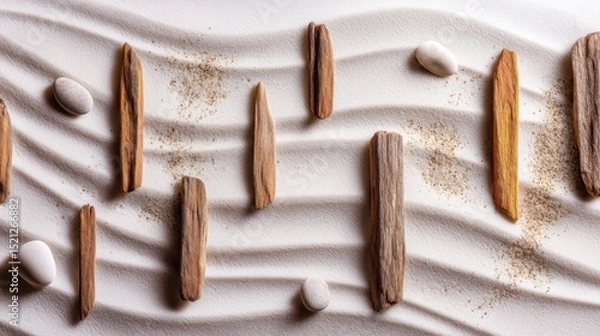 Fototapeta Serenity in Minimalism: Wooden Pieces on Soft Sand with Curved Patterns and Contrast of Textures and Shapes
