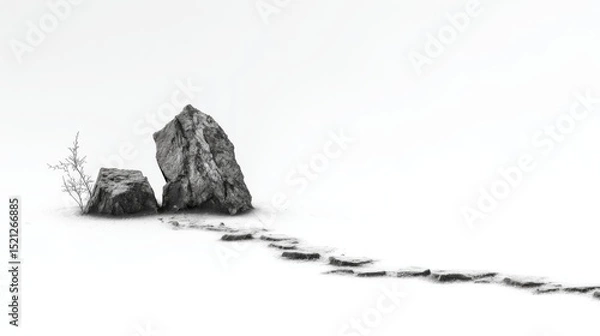 Fototapeta Isolated Rocks in a Minimalistic Snowy Landscape with Footprints and a Lone Plant Against a White Background