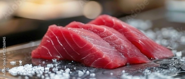 Fototapeta Freshly Cut Red Tuna Slices Decorated With Sea Salt on a Mirror Surface