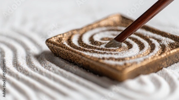 Fototapeta Delicate Zen Garden Design with Brush Creating Patterns in Fine White Sand on Elegant Golden Tray