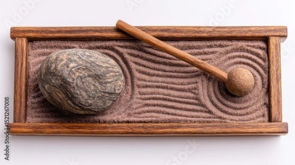 Fototapeta Calm Zen Garden Scene with Pebble, Wooden Rake, and Sand Patterns for Tranquility and Meditation Purposes
