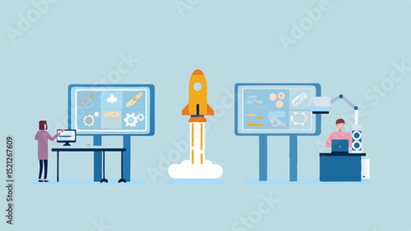 Fototapeta Illustration of people working on computer screens with a rocket launch in the center