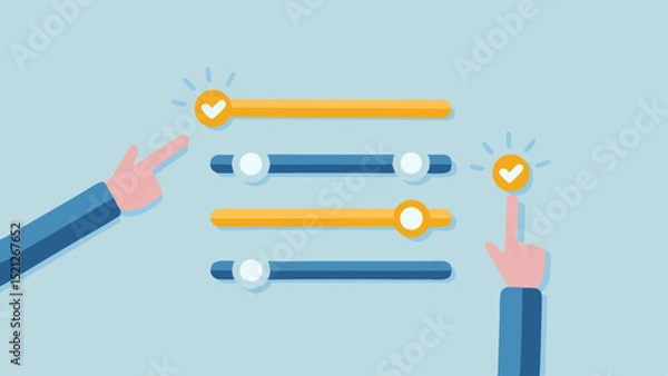 Fototapeta Illustration of hands interacting with sliders on a light blue background with checkmarks