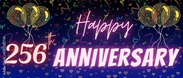 Fototapeta 256th anniversary neon calligraphy text and number. Confetti and balloon isolated on elegant blue gradient background, sparkle, design for greeting card, print. Two hundred fifty six anniversary