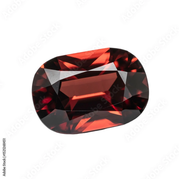 Fototapeta Red garnet gemstone cut in oval shape with brilliant facets isolated on transparent background.