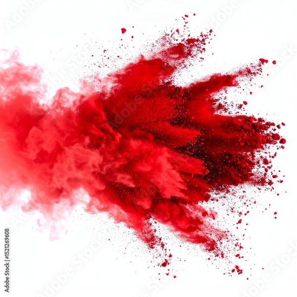 Fototapeta Red powder explosion captured mid-air on a white background, showing vibrant, dynamic clouds and particles spreading outward in a dramatic burst