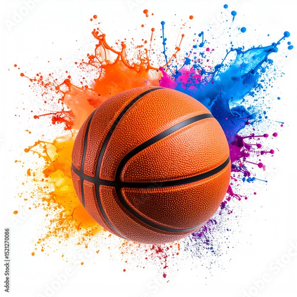 Fototapeta A basketball with detailed texture bursts through vibrant splashes of orange, yellow, blue, and purple paint on a white background, creating a dynamic and colorful composition
