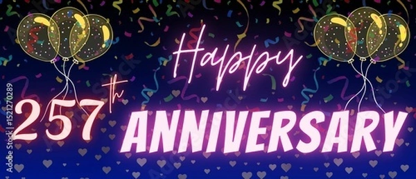 Fototapeta 257th anniversary neon calligraphy text and number. Confetti and balloon isolated on elegant blue gradient background, sparkle, design for greeting card, print. Two hundred fifty seven anniversary