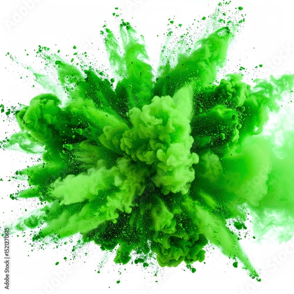 Obraz Vibrant green powder explodes outward in a dynamic burst, creating a cloud of colorful dust and particles against a white background with a sense of motion and energy