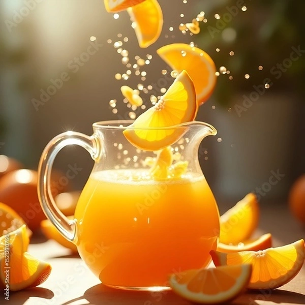 Fototapeta Pouring Orange Juice Into Glass Pitcher with Slices Falling