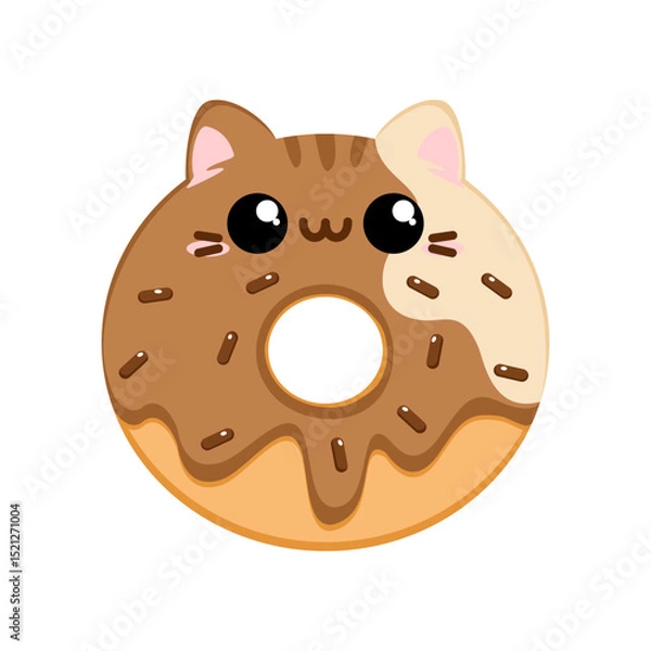 Obraz Słodki kawaii pączek w kształcie kota z polewą o smaku toffi - urocza ilustracja wektorowa.