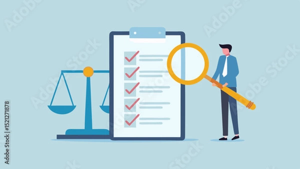 Fototapeta Illustration of a man inspecting a checklist with a magnifying glass next to a scale of justice